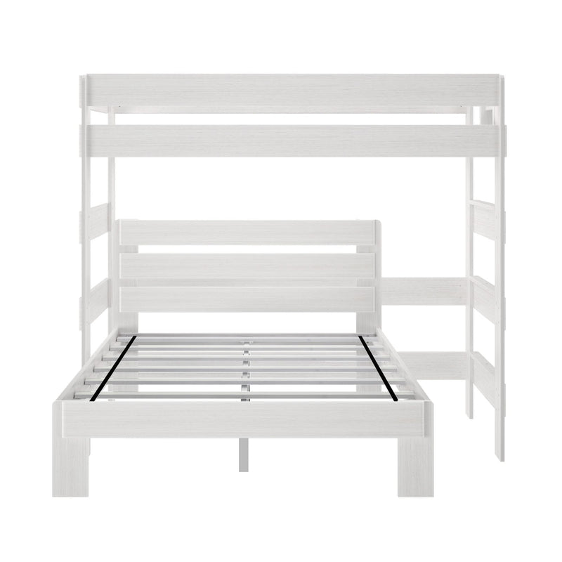 White painted wooden bunk bed frame with slatted mattress supports and guard rails, modern minimalist kids' bedroom furniture