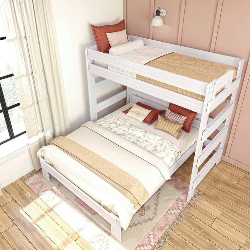 White wooden bunk bed in cozy boho bedroom with neutral bedding, terracotta pillows, pink paneled wall and sheer curtains