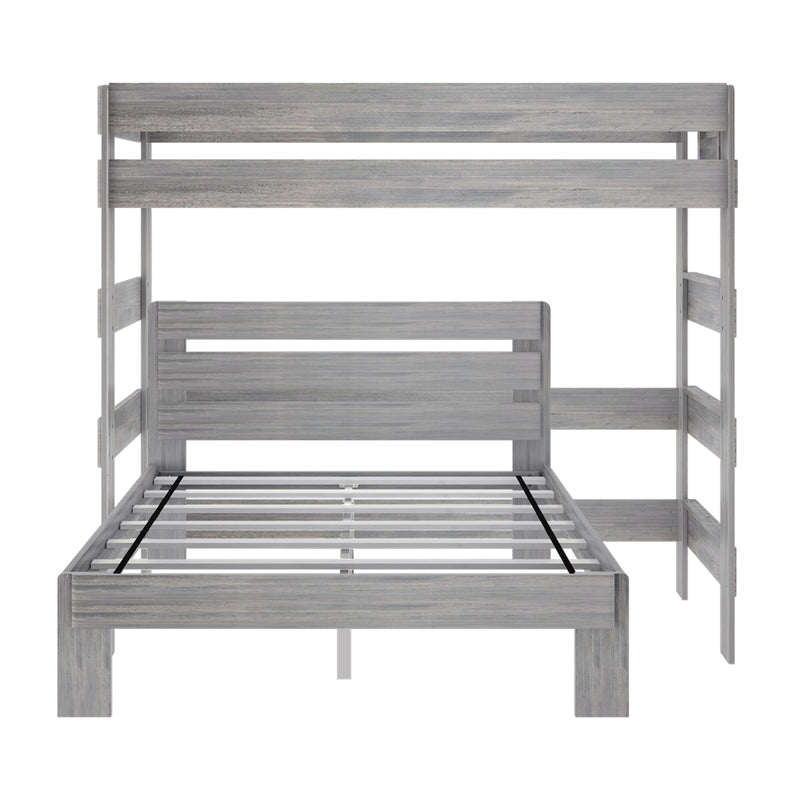 Gray-washed wooden twin-over-full bunk bed frame with slatted platform and modern farmhouse finish