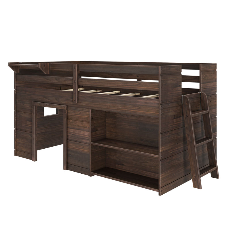 Dark walnut wooden loft bed with ladder, slatted mattress support and built-in storage shelves – space-saving kids loft bed frame