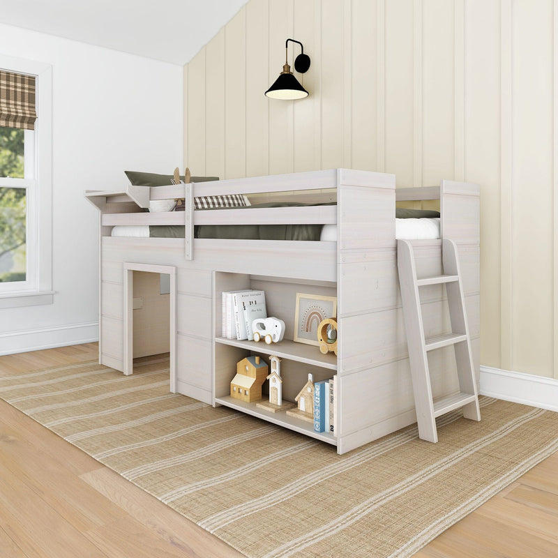 Whitewashed loft bunk bed with built-in storage shelves and ladder in a neutral modern farmhouse kids' bedroom with board-and-batten wall, black wall sconce and woven rug