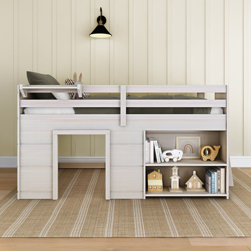 Modern white wooden loft bed for kids with built-in shelves and toys, neutral beige paneled wall, black wall sconce, striped natural fiber rug