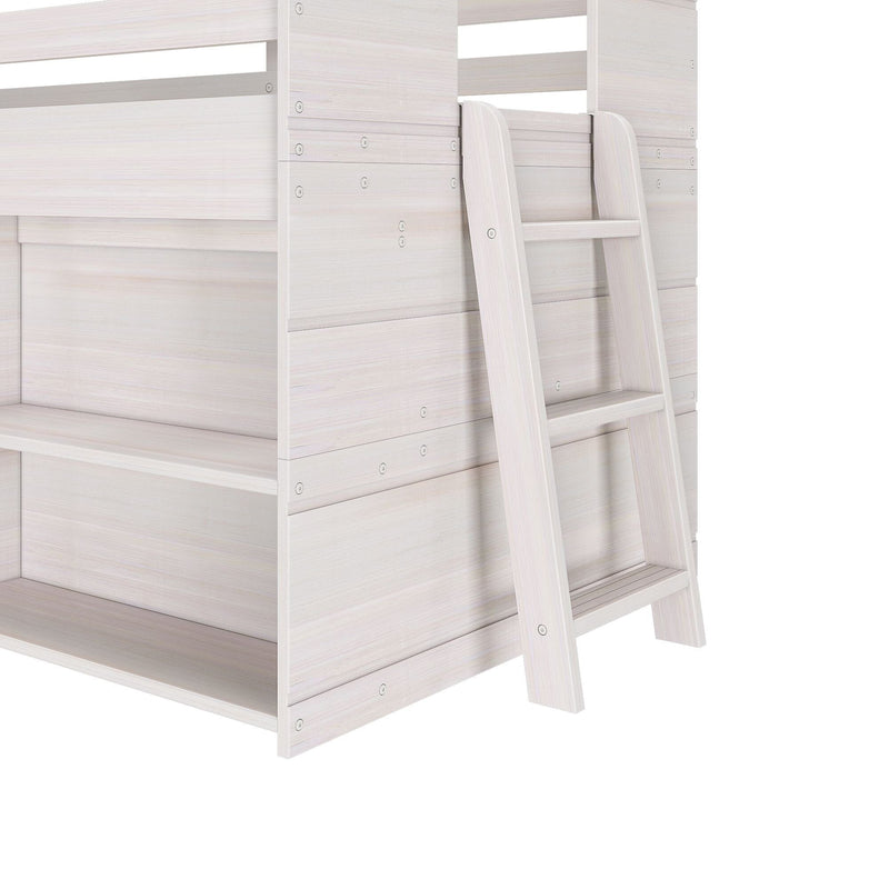 Close-up of whitewashed wood loft and bunk bed ladder with slatted steps, visible hardware, and light wood grain finish