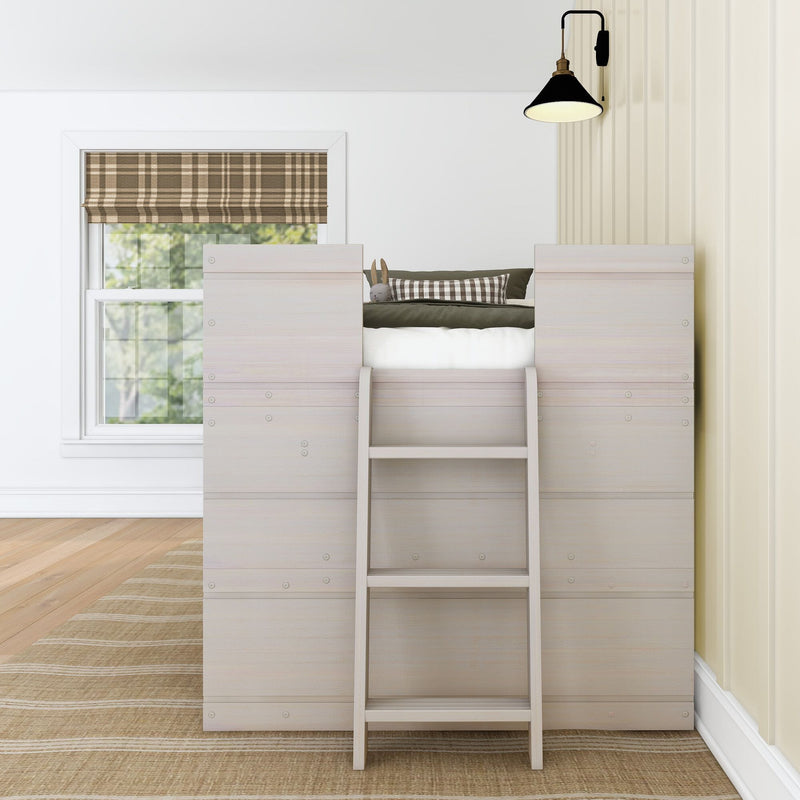 Light wood bunk bed with ladder, green bedding and plaid brown Roman shade over window, black wall sconce and neutral kids bedroom decor
