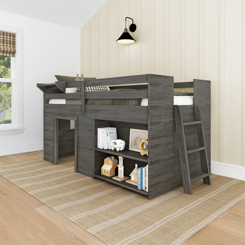 Dark gray wooden loft bunk bed with ladder and built-in storage shelves filled with toys and books in a modern farmhouse kids bedroom with cream vertical shiplap wall, black wall sconce, plaid roman shade and beige striped rug