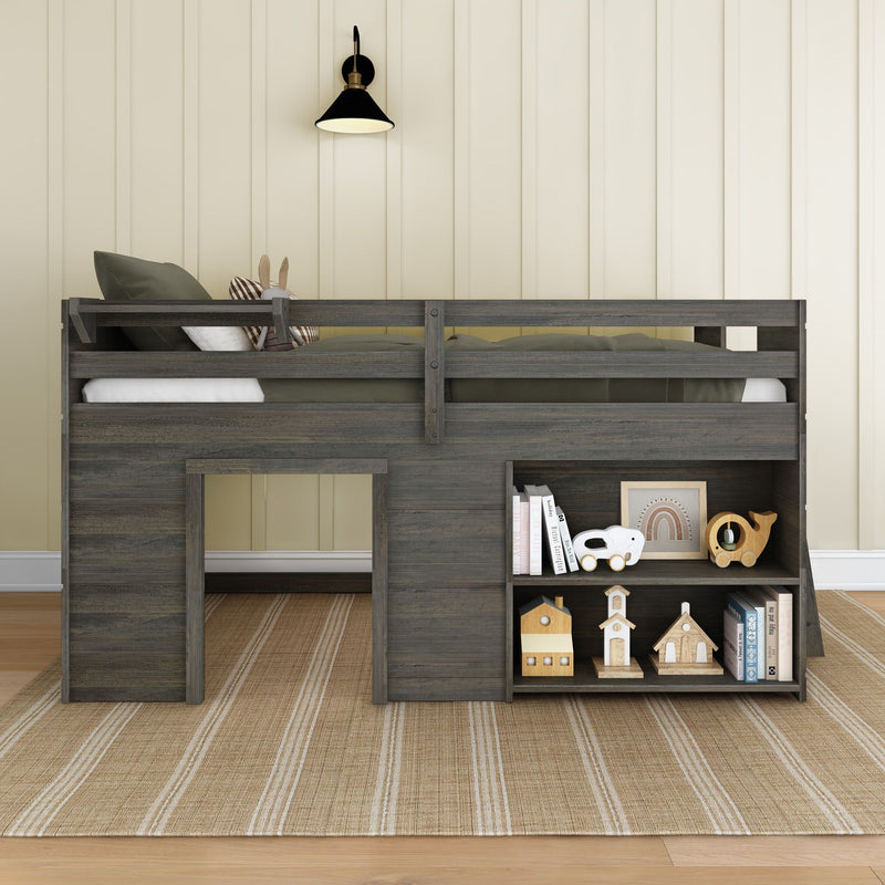 Gray wooden kids loft bed with built-in storage shelves, beige paneled wall, wall sconce, pillows and wooden toys — modern neutral nursery decor