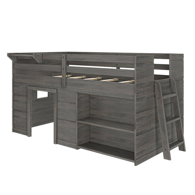 Gray wooden loft bed frame with ladder, slatted mattress support and built-in storage cubbies, rustic modern kids loft bed
