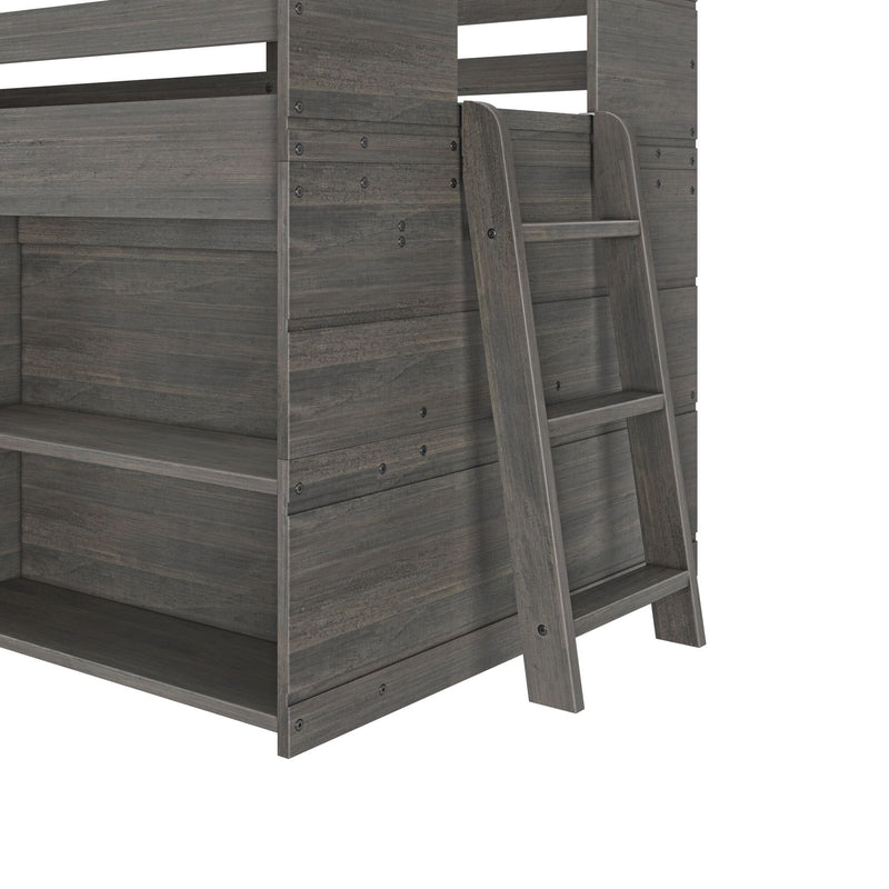 Close-up of gray wooden bunk bed ladder and slatted frame with rustic finish, sturdy construction, and visible screw hardware