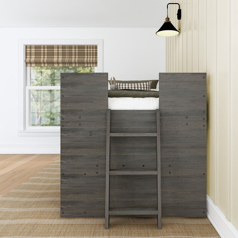 Gray wood top bunk bed with ladder in a neutral kids bedroom, plaid Roman shade on window, black wall sconce, checkered pillow and stuffed bunny