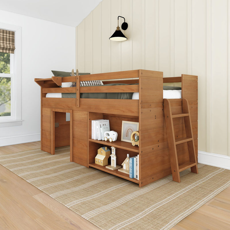 Solid wood kids loft bed with built-in storage shelves and ladder in a modern farmhouse bedroom with cream shiplap wall, black wall sconce, and striped jute rug