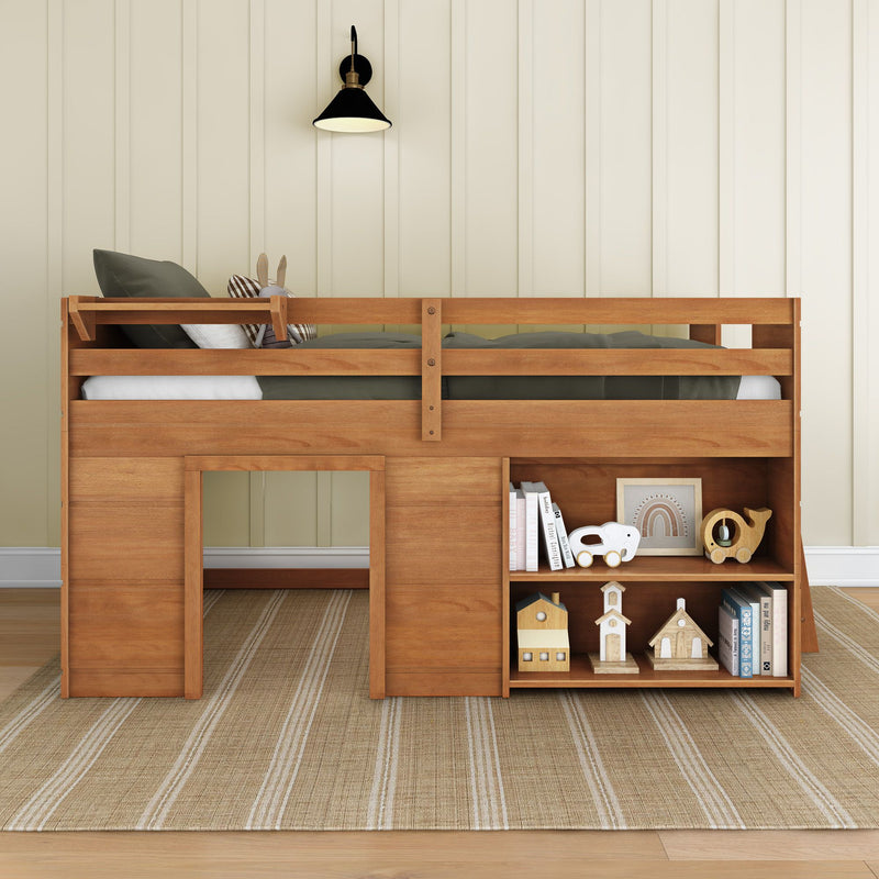 Wooden loft bed with built-in shelves, toys and books against beige paneled wall with black wall sconce in modern kids' bedroom