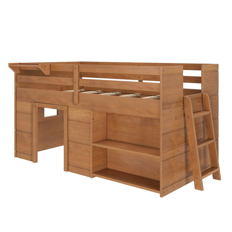 Natural wood loft bed with ladder, built-in shelves and under-bed storage cubbies — space-saving kids' twin bunk bed