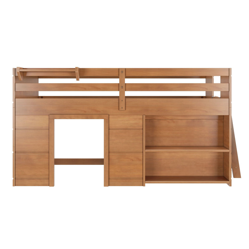 Solid natural wood loft bed frame with safety rail, integrated ladder opening and built-in shelving for kids' bedroom storage