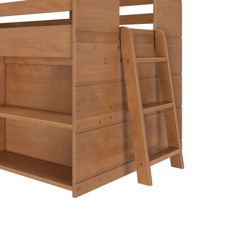 Solid wood bunk bed ladder and side panels in warm natural finish, sturdy screw-mounted construction for children's loft bed