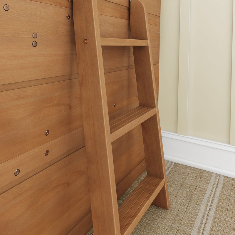 Close-up of natural wood loft ladder mounted on horizontal wood paneling with visible screw fasteners, beige trim and woven rug