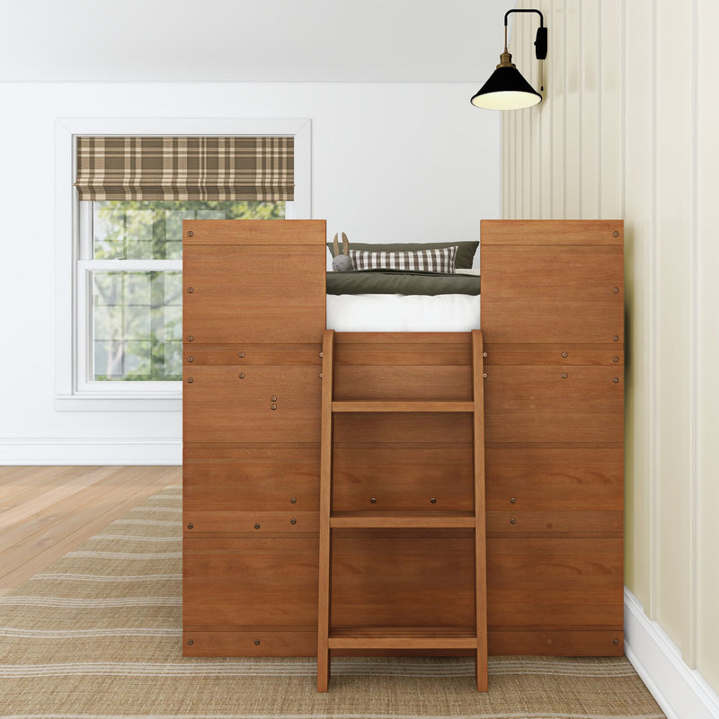 Cozy children's bedroom with wooden bunk bed and ladder, green bedding, plaid throw pillow, Roman shade over window and black wall sconce