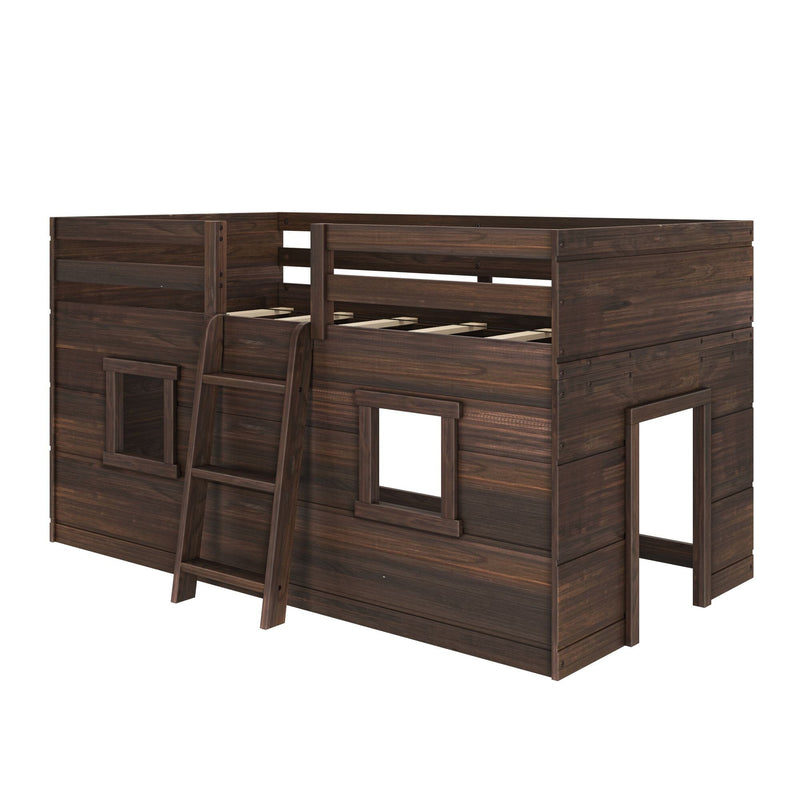Dark walnut solid wood kids loft bed with ladder and playhouse-style lower play area, twin loft bunk bed for children's bedroom