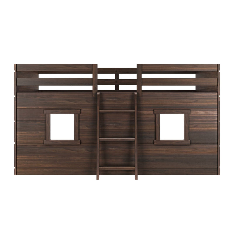 Dark walnut wooden loft bunk bed playhouse headboard with center ladder and two window cutouts, rustic kids bedroom furniture
