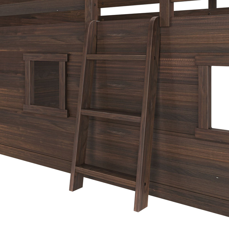 Close-up of a dark walnut wooden loft bed ladder and wall panels highlighting rich wood grain, ladder rungs, and handcrafted finish