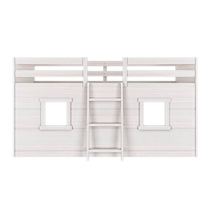 Whitewashed wooden children's loft bed playhouse with center ladder and two window openings