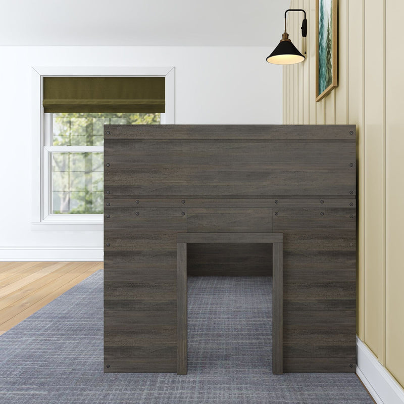 Modern bedroom interior with rustic dark wood headboard, olive Roman window shade, black wall sconce and framed artwork on cream paneled wall illuminated by natural light