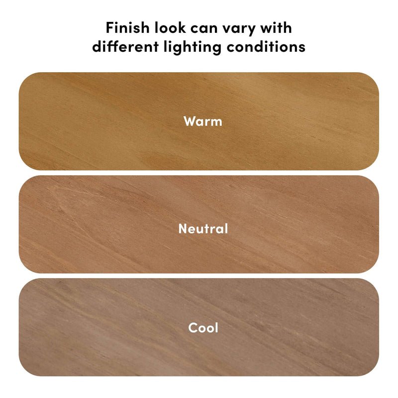 Wood flooring samples showing warm, neutral, and cool lighting variations on a natural oak finish