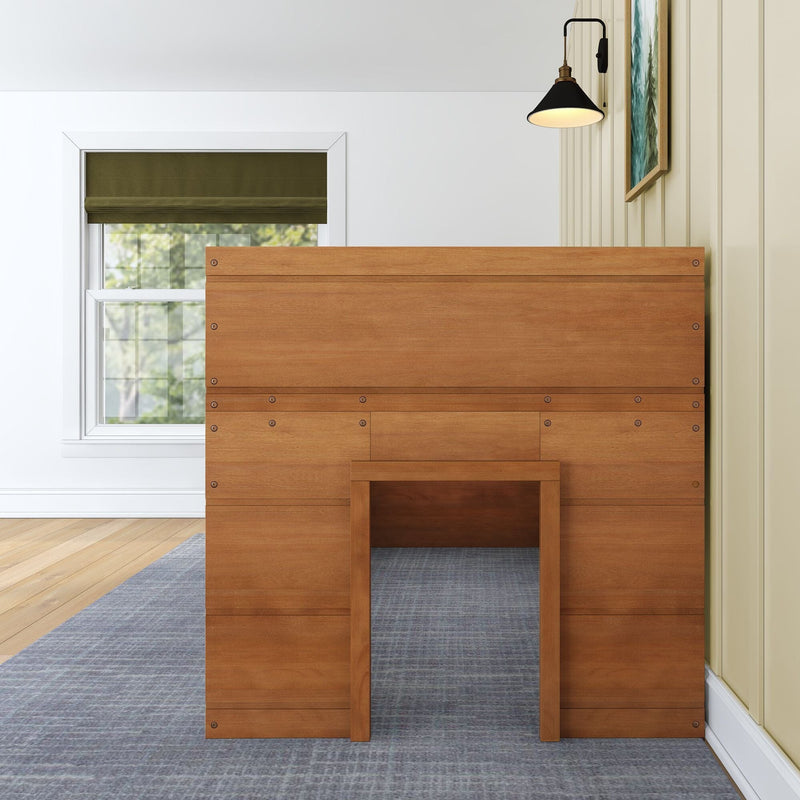 Minimalist modern bedroom interior with tall wooden headboard, window with olive Roman shade, black wall sconce and framed art on cream vertical paneling, hardwood floor and gray area rug