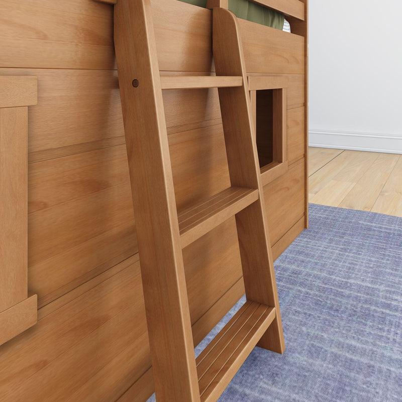 Wooden bunk bed ladder close-up with built-in storage cubby, natural wood grain finish on light hardwood floor and blue area rug