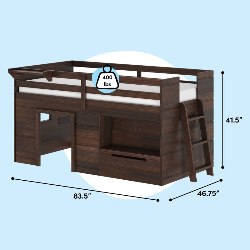 Dark walnut wooden twin loft bed with ladder, safety rails, built-in storage cubbies and drawer, 400 lb weight capacity, dimensions 83.5 in L × 46.75 in W × 41.5 in H