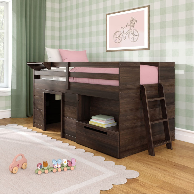 Dark wood children's loft bed with ladder and under-bed storage, pink bedding, green plaid wallpaper and wooden toys on rug.