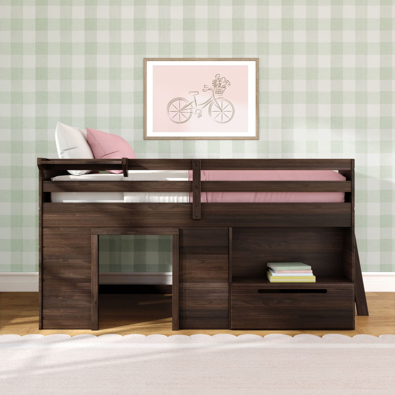 Dark wood loft bunk bed with pink bedding, built-in storage and ladder against green gingham wallpaper with framed bicycle wall art, kids bedroom decor