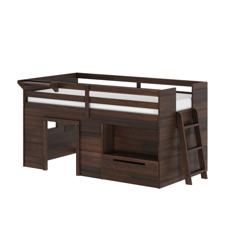 Dark walnut twin loft bed with ladder and guardrails, built-in storage drawers and under-bed desk/play area — space-saving children's bedroom furniture