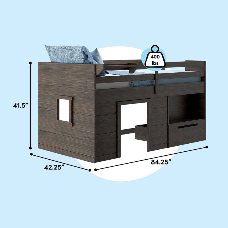 Kids dark wood loft bed with guardrail, playhouse-style cutouts and built-in storage drawers, 400 lb weight capacity, 84.25×42.25×41.5 in