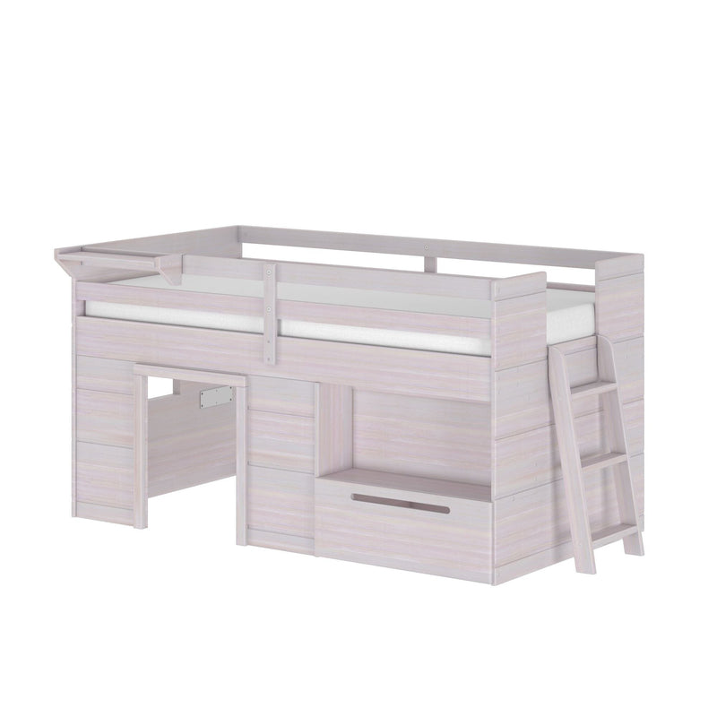Whitewashed wooden loft bed with ladder, safety guardrails, built-in storage drawers and under-bed play area for kids