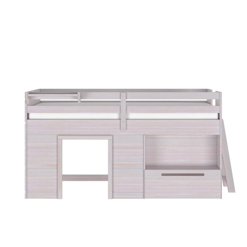 Whitewashed wooden loft bed with safety guardrail, built-in ladder, open shelving and pull-out drawer