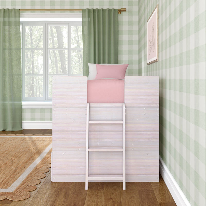 Kids bedroom loft bed with pink bedding, whitewashed wood ladder, green gingham wallpaper and sheer green curtains by window