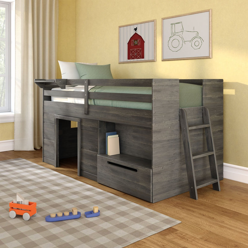 Gray wooden loft bed for kids with ladder and built-in storage, green bedding, farmhouse wall art and wooden toys on checkered rug