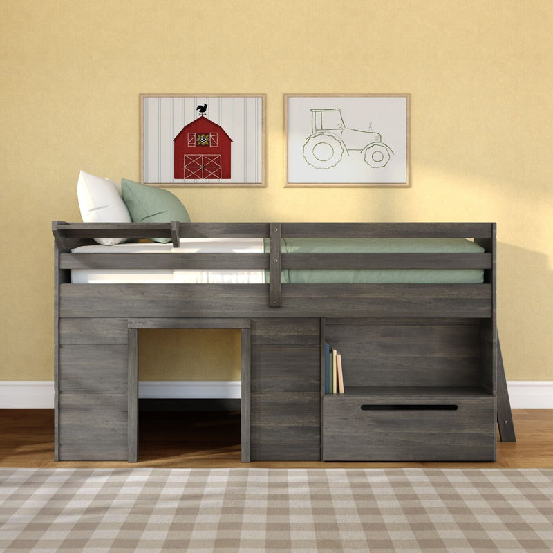 Gray wooden loft bunk bed with built-in storage, green and white pillows and farmhouse barn and tractor framed wall art on a yellow wall above a beige plaid rug, kids bedroom decor
