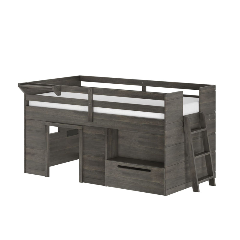 Dark gray wooden twin loft bed with safety guardrails, angled ladder, under-bed play area and built-in storage drawer — modern kids bedroom furniture