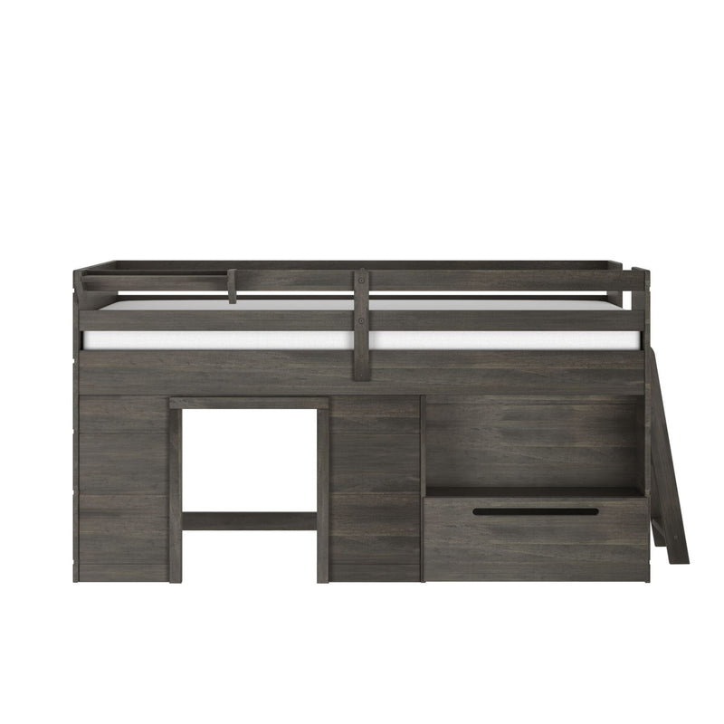 Dark gray wooden twin loft bed with top guardrail, side ladder and integrated storage cubbies and drawer