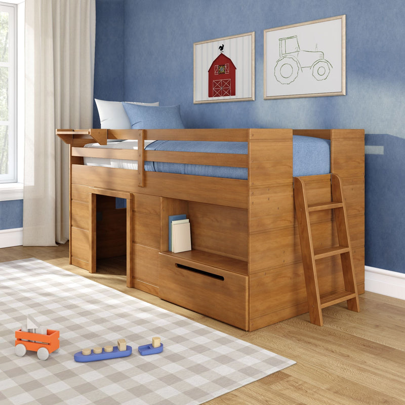 Kids loft bed with built-in storage and ladder, blue bedding and pillows in a farmhouse-style bedroom featuring barn and tractor wall art and wooden toys on a checkered rug