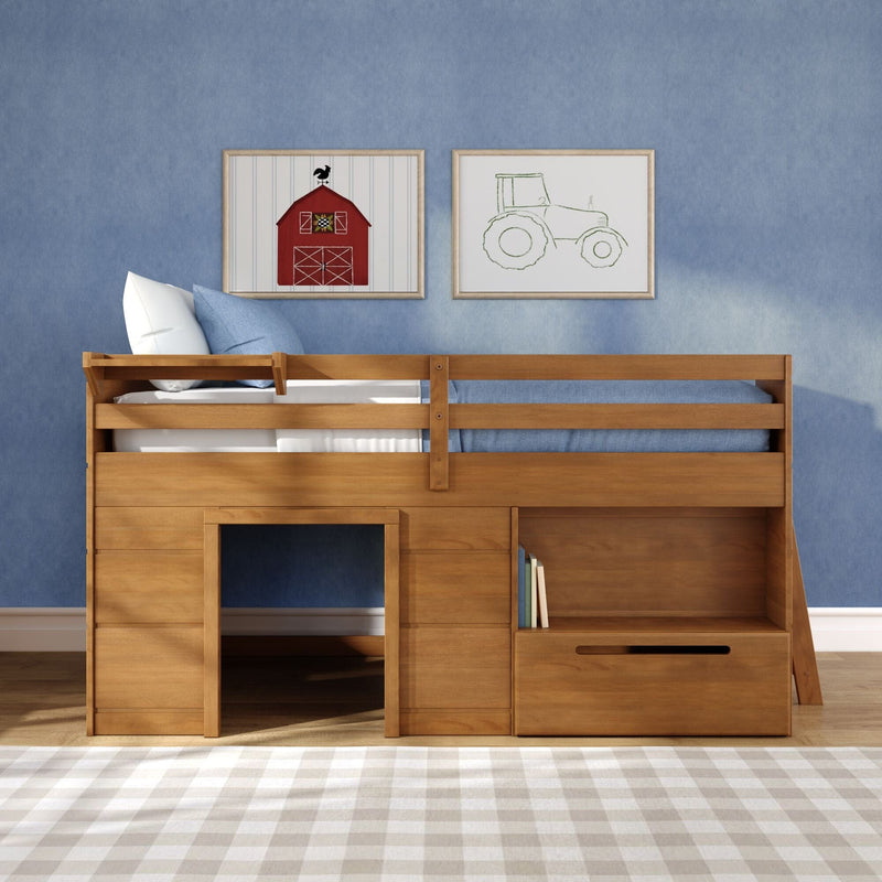 Wooden kids bunk bed with blue bedding and pillows against a blue wall featuring framed farm-themed art of a red barn and green tractor