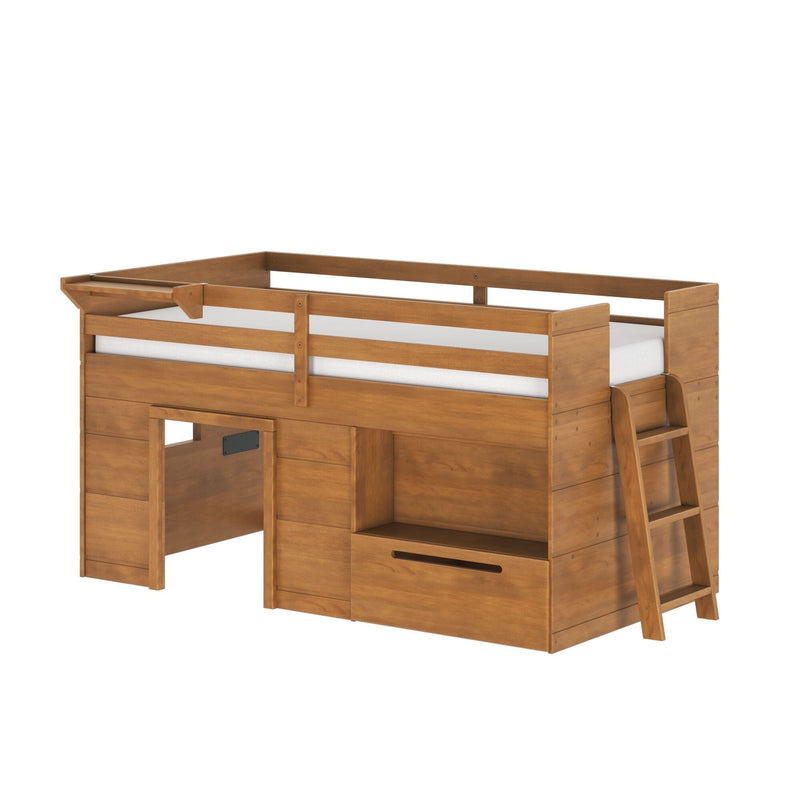 Twin wooden loft bed with guardrail, integrated ladder, under-bed storage drawers and playhouse-style opening in honey oak finish