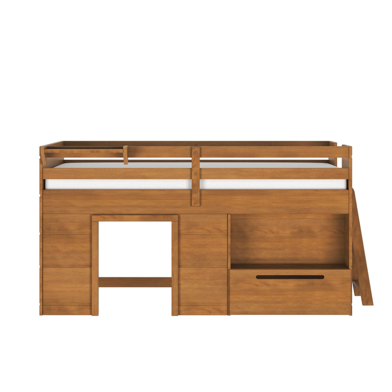 Natural oak wooden loft bed with safety guardrail, built-in ladder, lower storage drawers and cubby shelves, white mattress — modern kids' bedroom furniture