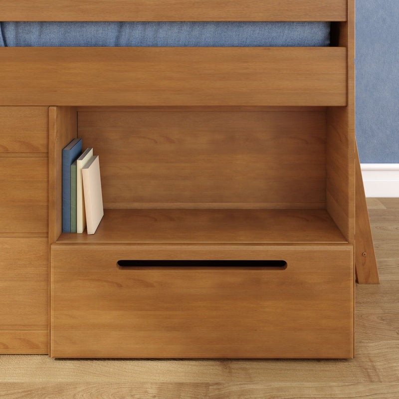 Light oak bunk bed with built-in bookshelf and pull-out drawer, minimalist bedroom storage with stacked books and blue bedding