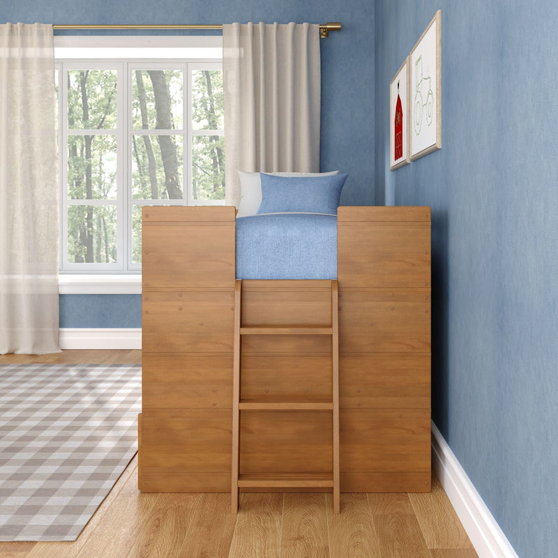 Wooden loft bed with ladder in blue children's bedroom, light-blue bedding, large window with sheer curtains and framed wall art