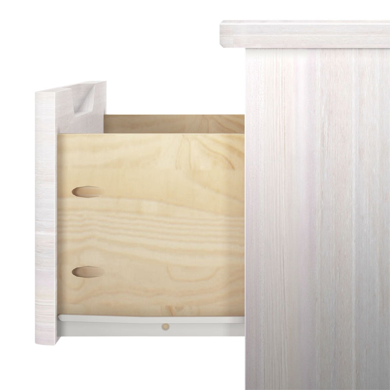 Open light-wood drawer box with pocket-hole joinery and metal bottom drawer slide inside a whitewashed cabinet, close-up furniture detail