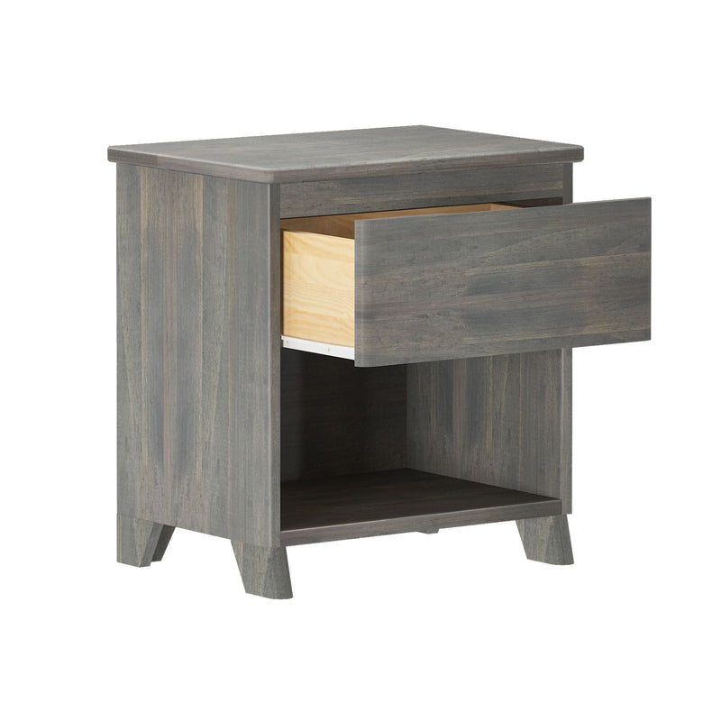Weathered gray wooden nightstand with one open storage drawer, lower open shelf and tapered legs — modern rustic bedside table
