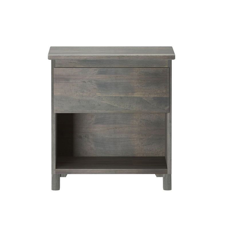 Modern gray wooden nightstand with one drawer and open shelf, rustic bedside table