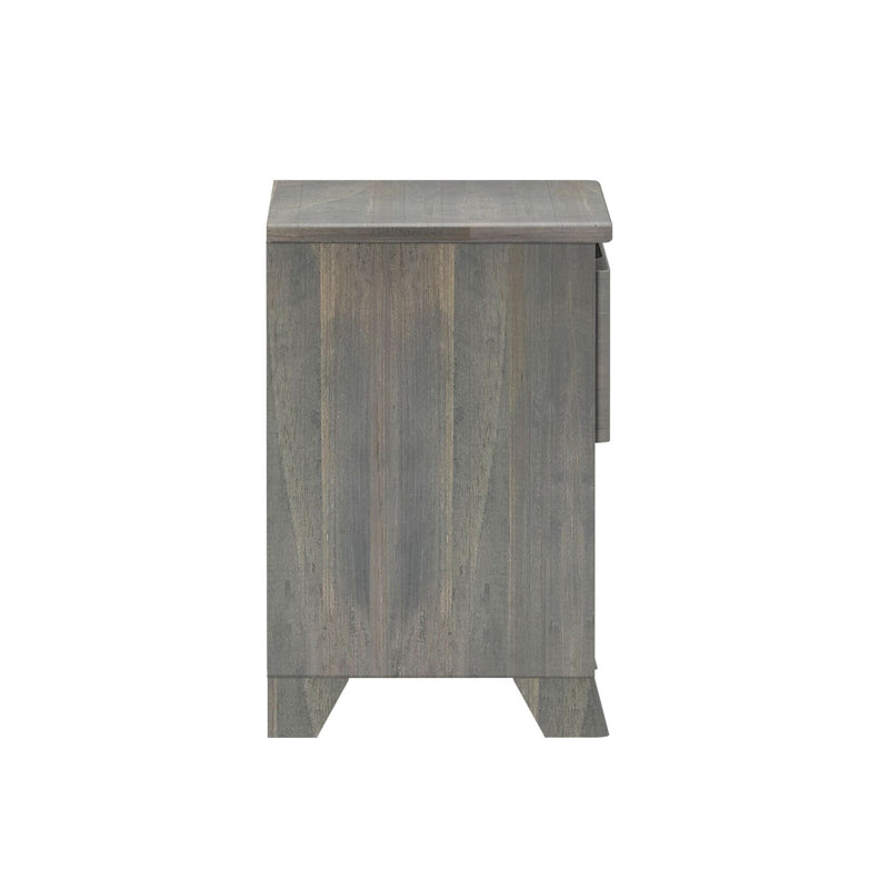 Side view of rustic gray wood nightstand with weathered finish, visible wood grain and angled legs for bedroom storage